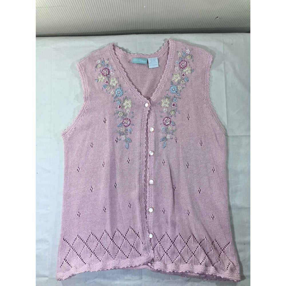 220 HICKORY Pink Embroidered Button Up Knit Vest Cardigan Top Womens Small‎